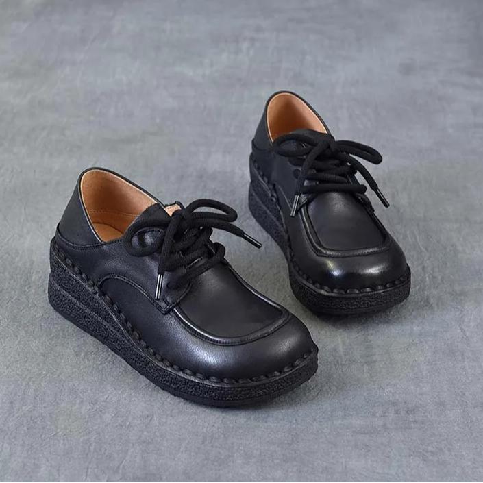Johnature Genuine Leather Wedges Shoes Versatile Comfortable Soft Soled Lace-up Four Seasons Shoes