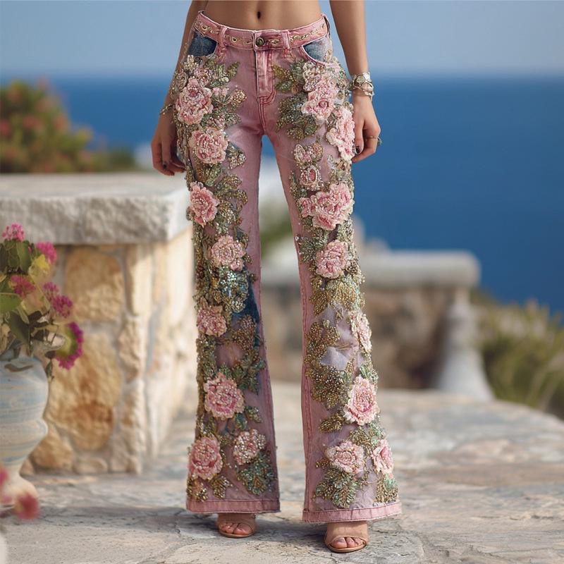 

New Style 3D Digital Print Women s Slimming Denim Bell Bottoms 3XL
