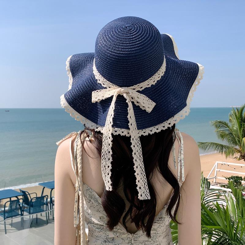 Summer sun protection sun hat children seaside vacation straw hat wavy lace sun hat