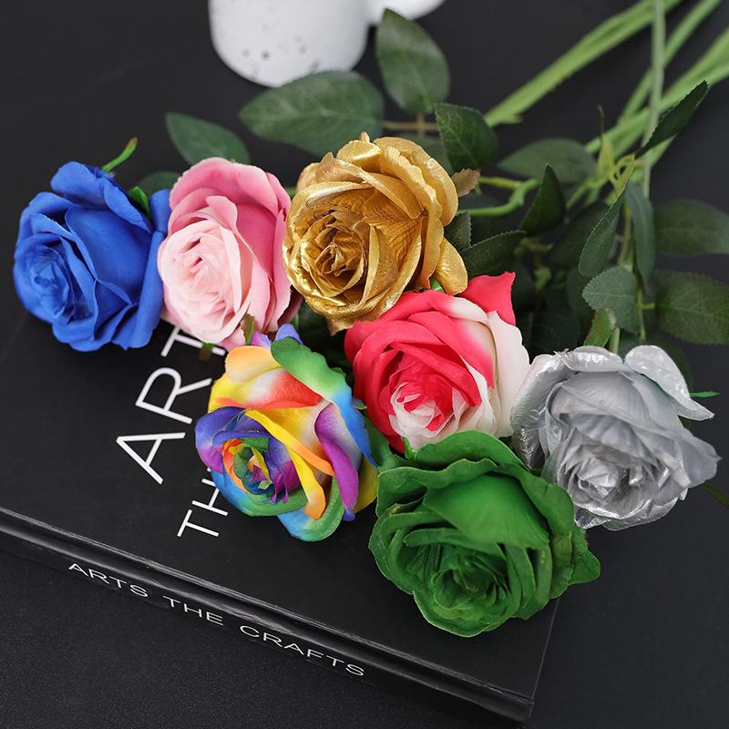 

Artificia Silk Flowers Long Branches Simulated Colored Roses Home Decoration Wedding Photography Props Gold Silver insert vases 1pc