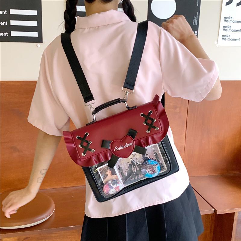 Schoolbag Women's Green Contrast Love Heart School Ita Bag Cute Transparent Mochila All-Match Backpack Mochilas Shoulder Crossbady Bags For Woman