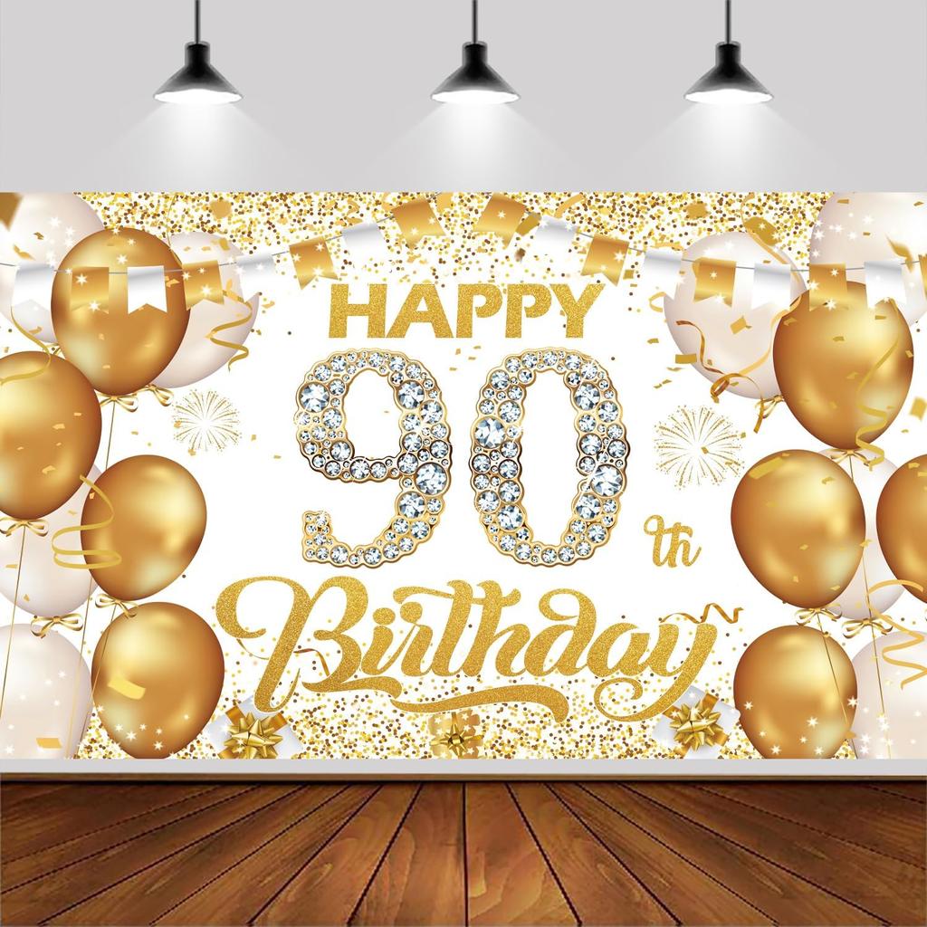 6x3.6ft Happy 80th Birthday Backdrop Banner,White And Gold Birthday Backdrop Sign, Happy Birthday Party Supplies Photo Background for Children Men