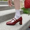Square heel buckle non-slip beef tendon sole single shoes, new comfortable cowhide fashion single shoes for women, square head high heel small leath