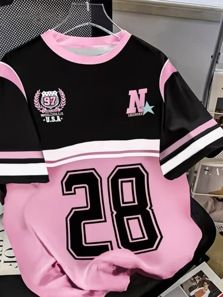 2026 Summer Children's Number Digital Print Pattern Sports American Style Top Round Neck Short Sleeve Cute T-Shirt Girls Clothes