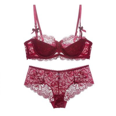 Lace Womens Half-Cup Bra Set With Thin Straps Breathable Supportive Plus Size Grey Red Black