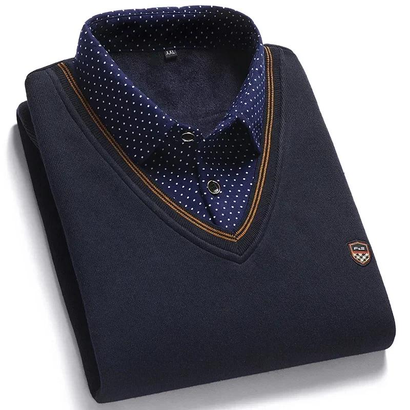 New Autumn Winter Men's Wool Shirt-Neck Sweater Fashionable Plaid Solid Thickened Warm Fleece High Quality Versatile Casual