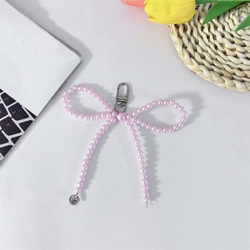 Sweet Pearls Bowknot Keychain Charm Pendant Handmade Heart Keyring for Women Fashionable Backpack Jewelry Ornament