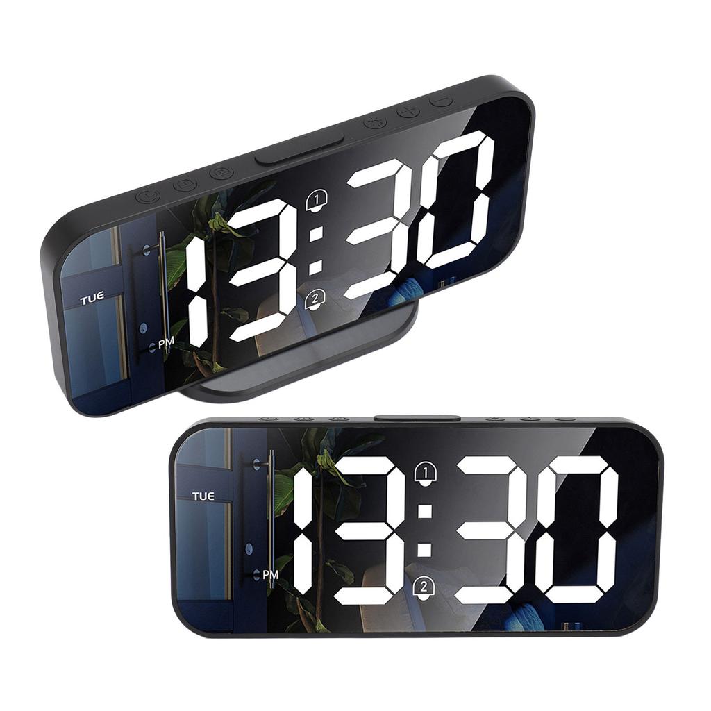 LED Mirror Electronic Clock Adjustable Brightness 6.7 Inch HD Digital Alarm Clock for Bedroom Living Room Office Black