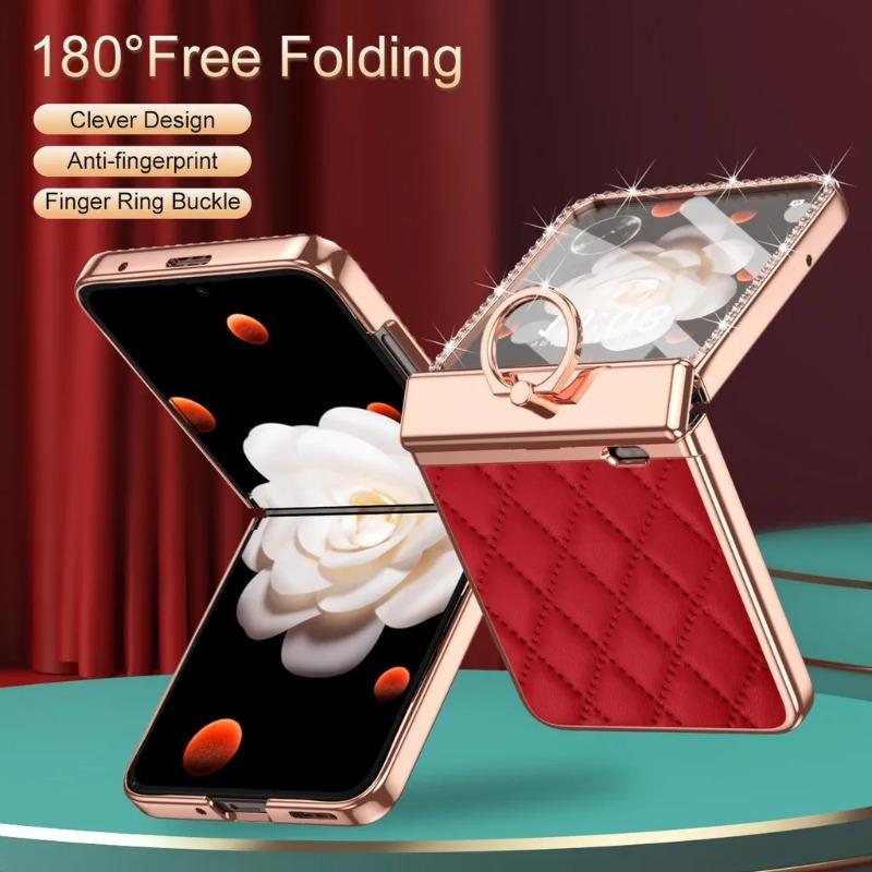 Galvanisiertes Lederetui mit Fingerringhalter für Honor Magic V Flip. Luxuriöse Linsenschutzbeschichtung mit Diamanten für Honor MagicV Flip LRA-AN00