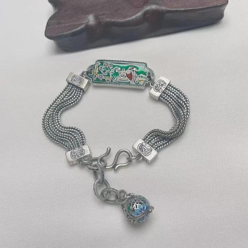 Classical Vintage Exquisite Palace Style Green Enamel Magpie Bracelet for Women Coarse Chain Bangles   Jewelry