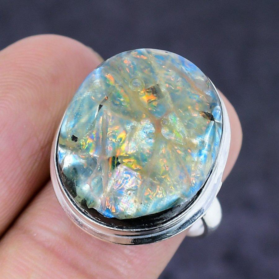 Dichroic Glass Gemstone 925 Sterling Silver Jewelry Ring Size 7.5