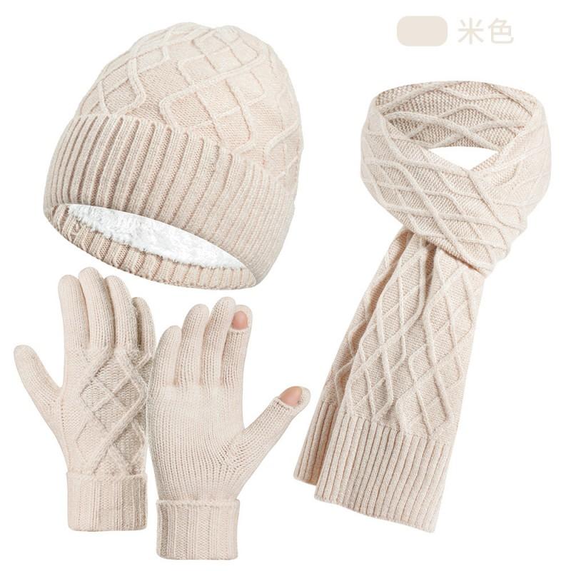 Womens Winter Knit Hat Scarf Gloves Set Double-Layer Warm Fleece Lined Acrylic Accessory Trio Cold Weather