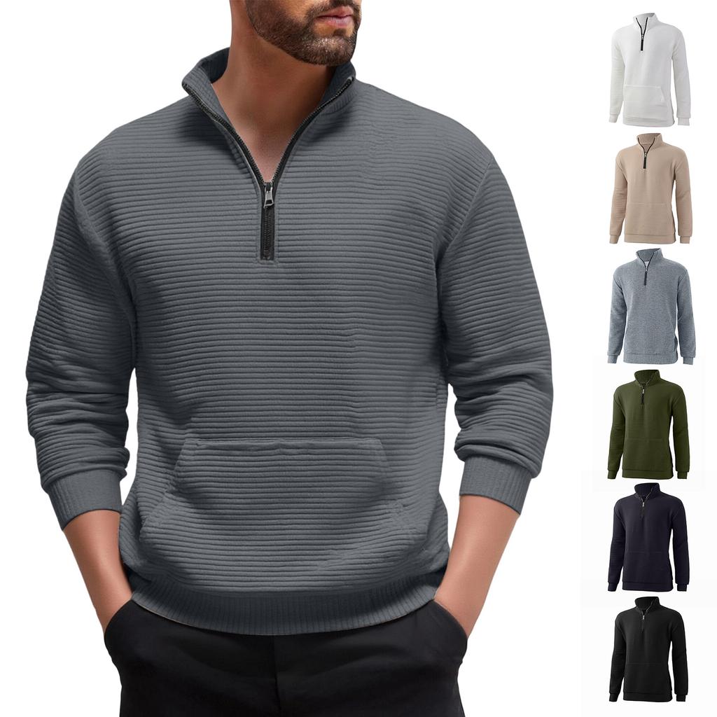 Men's Casual Sports Long-sleeved Thickened Sweatshirt, Men's Stand-up Collar Semi-zipper Striped Texture Top