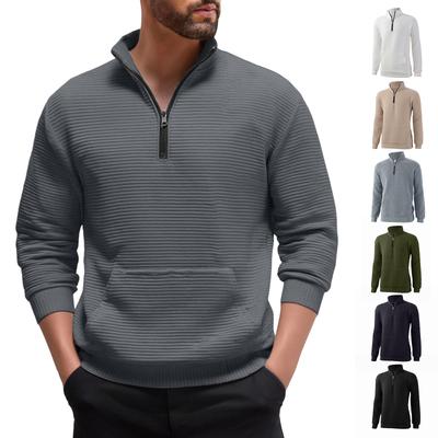 Men's Casual Sports Long-sleeved Thickened Sweatshirt, Men's Stand-up Collar Semi-zipper Striped Texture Top