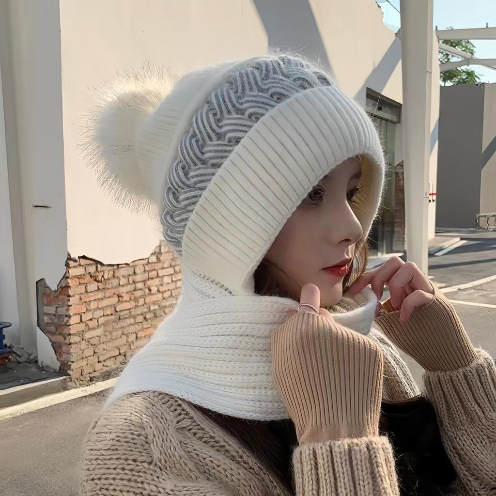 Women Knit Hat Winter Warm Fleece Lined Ear Neck Cover Windproof Scarf Integrated Beanie for Cold Weather Outdoor Activities