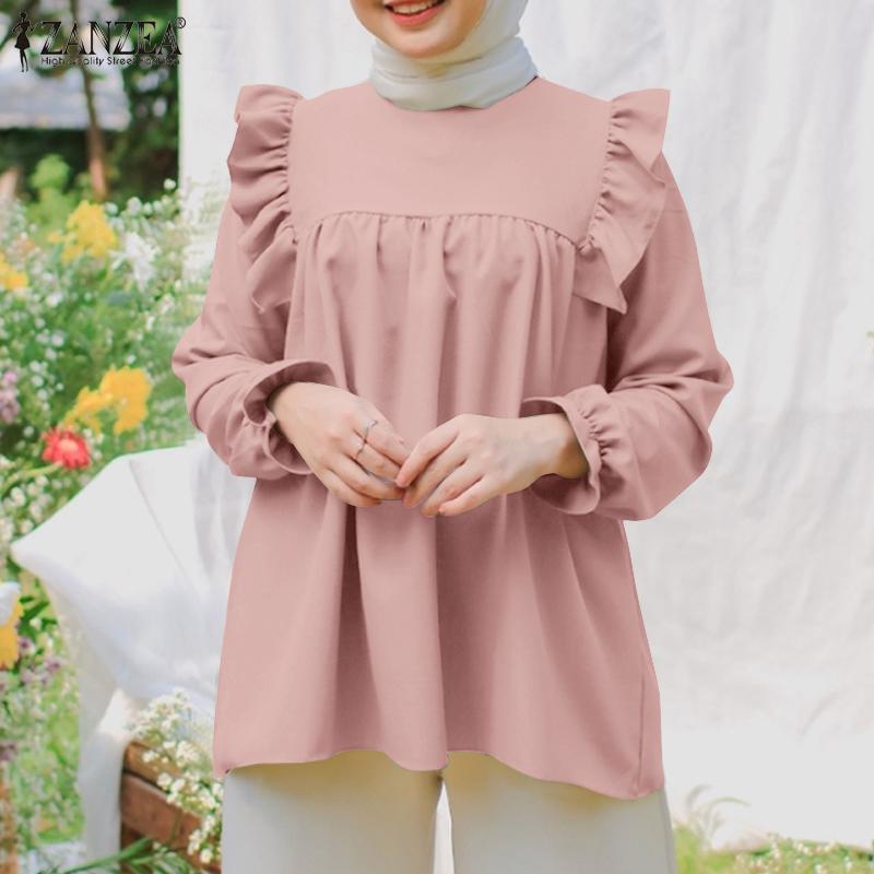 

ZANZEA Женская повседневная блузка с круглым вырезом и длинными рукавами с оборками