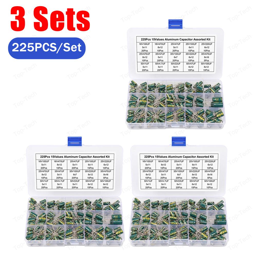 15 Values 225Pcs/set Variable Capacitors Assorted Kit High Frequency Low ESR Aluminum Capacitors Set with Storage Box
