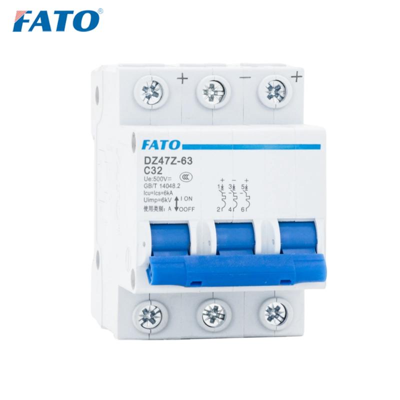 

FATO DZ47Z MCB DC 3P 500 В 4,5 KA Мини-выключатель отключающей способности 10A 16A 20A 25A 32A 40A 63A Предохранитель на DIN-рейке Фотоэлектрическая система