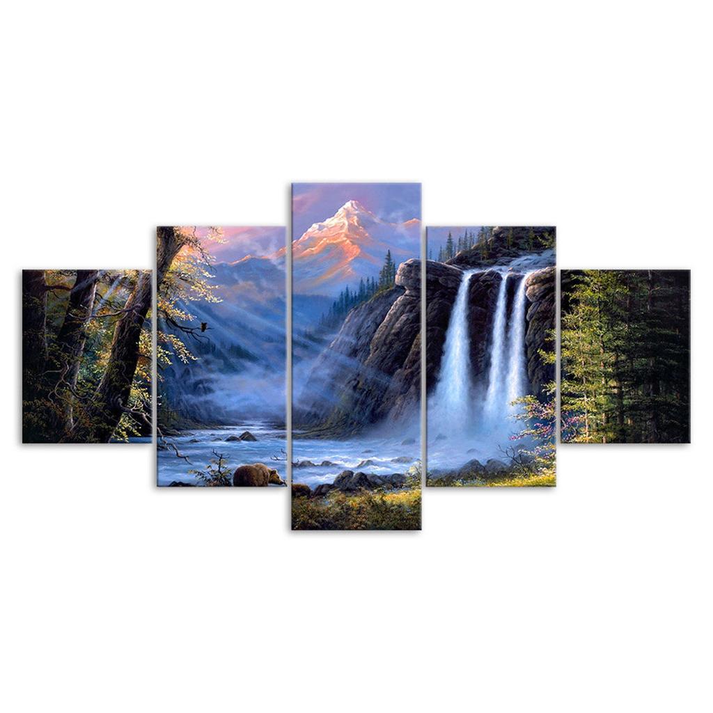 Fantasy Wasserfall Wald Gemälde Leinwand 5 Teile Fünfteiliges Wandbild Modernes Kunstposter Heimdekoration Geschenk Für Ihn Für Sie