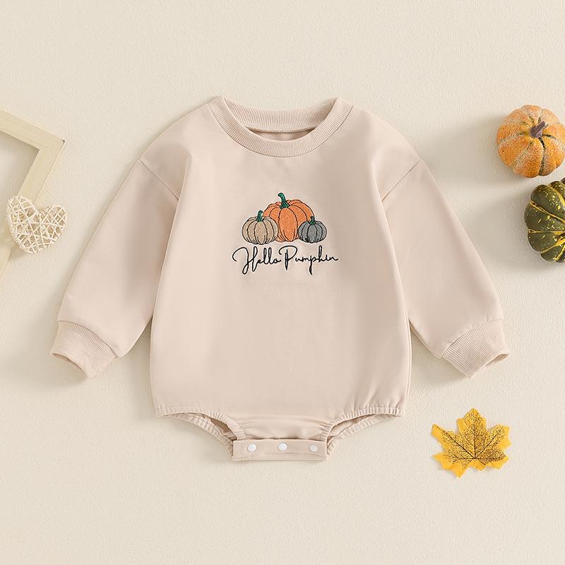 Newborn Baby Boys Girls Halloween Romper Long Sleeve Crewneck Letter Pumpkin Embroidered Casual Jumpsuit