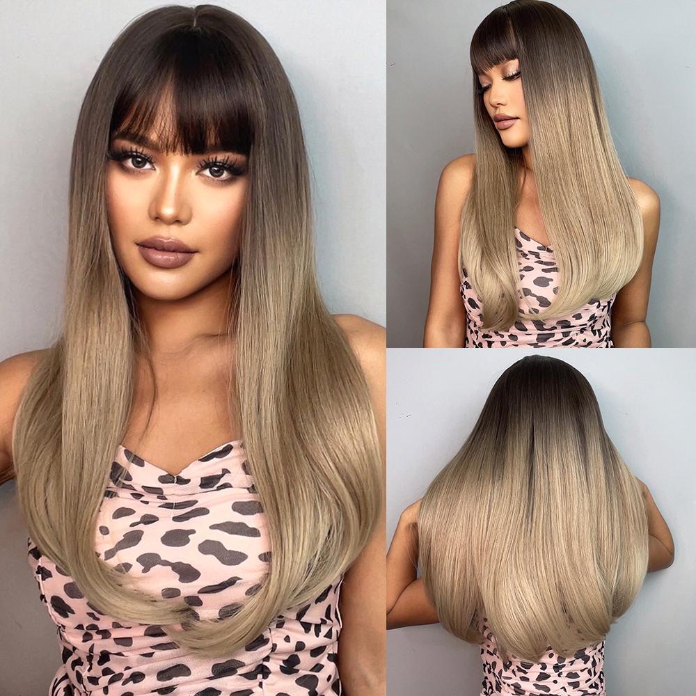 ALAN EATON Blonde Brown Ombre Synthetic Wigs Long Straight Layered Wig for Women Cosplay Party Natural Hair Wig Heat Resistant Coupon & Discount