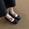 French Square Head Ballet Single Shoes Small Leather Shoes 2025 New Bow Light Mouth Retro Thick Heel Mary Jane Shoes Women