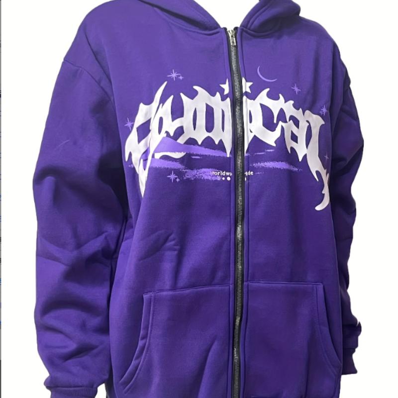 

Y2K autumn and winter hip-hop letter printed men s and women s street casual zipper long sleeved hooded sweatshirt XL фиолетовый