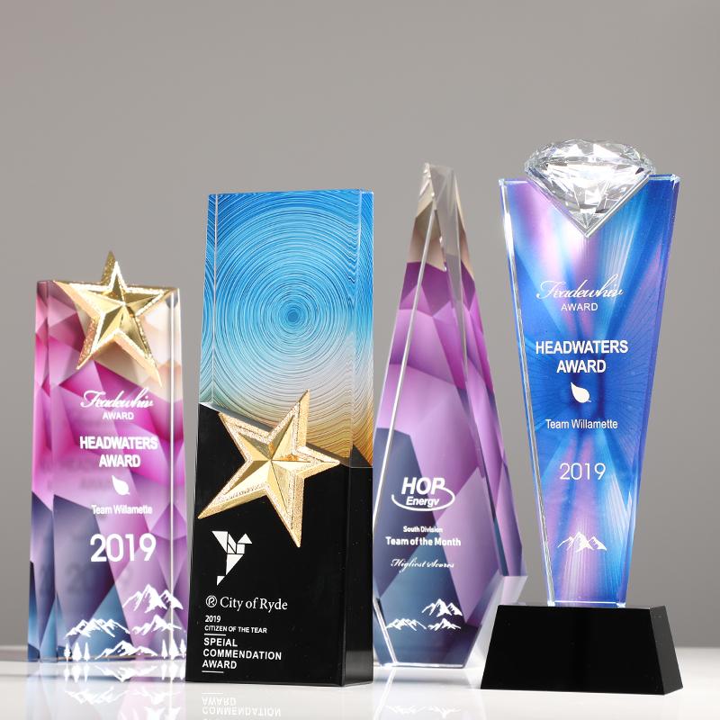 Customized Pentagram Crystal Trophy, Color Printing Prize Sports Movie Award Outstanding Employee Souvenir, Home Decoration, 1Pc