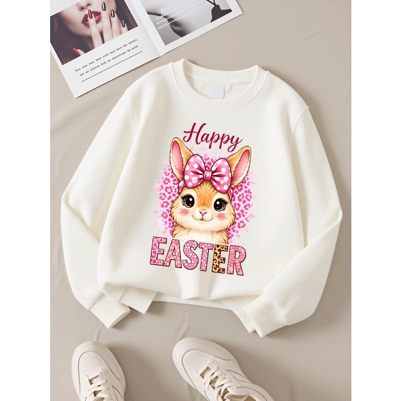 Kids Sweatshirt , Casual Sweatshirt Printed Round Neck Pullover, Happy Easter Bunny Pink Bow, Autumn and Winter
