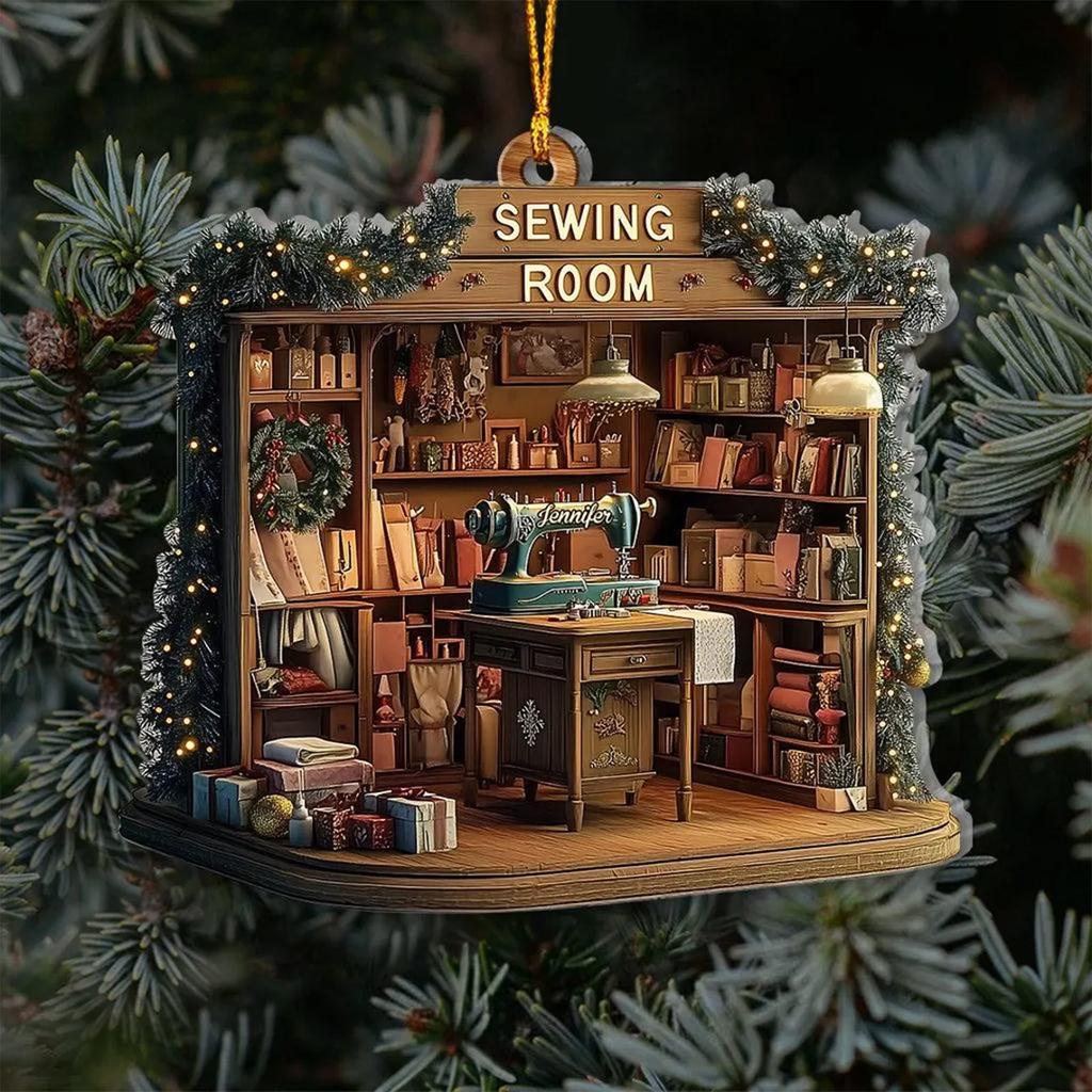 Vánoční akrylová ozdoba Grafický design Šicí pokoj Ozdoba na vánoční stromeček Vintage šicí stroj Ozdoba Dárky do punčochy
