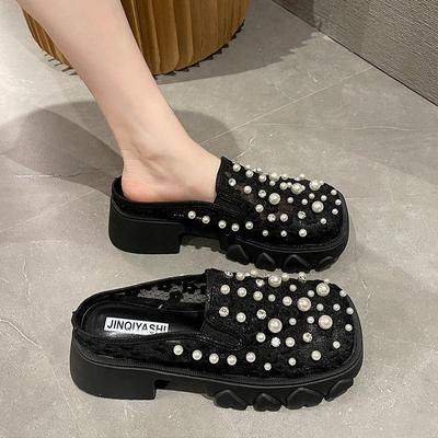 Mode Dam Baotou Halvtofflor Koreanska Plattform Casual Sandaler Utan Klack Mesh Andningsbara Flats Skor Halkfria Mångsidiga Zapatos Mujer