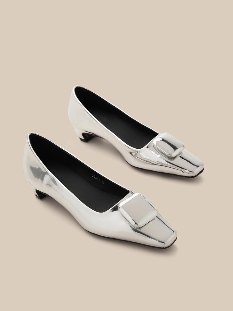 

Новые туфли-лодочки с квадратным носком, средним толстым каблуком и неглубоким вырезом, с квадратной пряжкой, универсальные для работы, на одной педали, Мэри Джейн, женские туфли-лодочки 40 серебряный