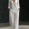 2026 Spring and Summer New Women's Clothing, European and American Minimalist Temperament Loose V-neck Diagonal Button Shirt Wide-leg Pants Two-piece