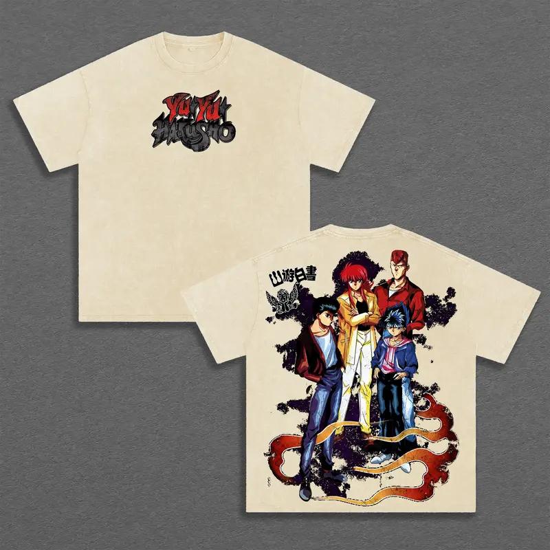 Hot Anime Yu Yu Hakusho Yuusuke Urameshi Clothing Men Women Short Sleeve Tshirt Washed Cotton Tee Retro T-shirt Harajuku T Shirt