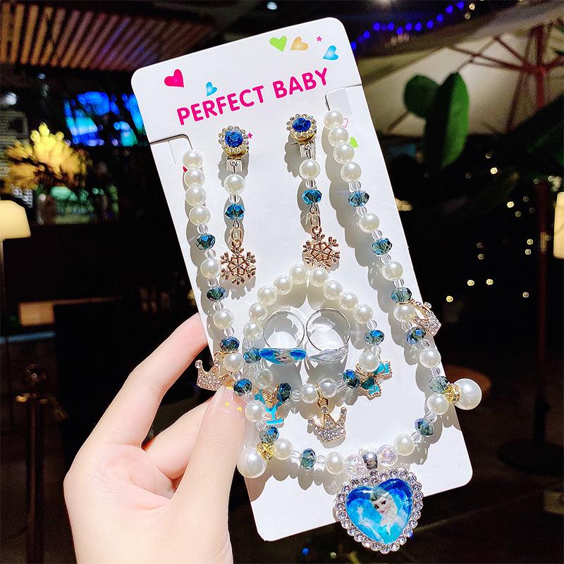 Princess Cartoon Jewelry Set for Girls: Necklace, Ring, Bracelet with Luminous Crystal Beads