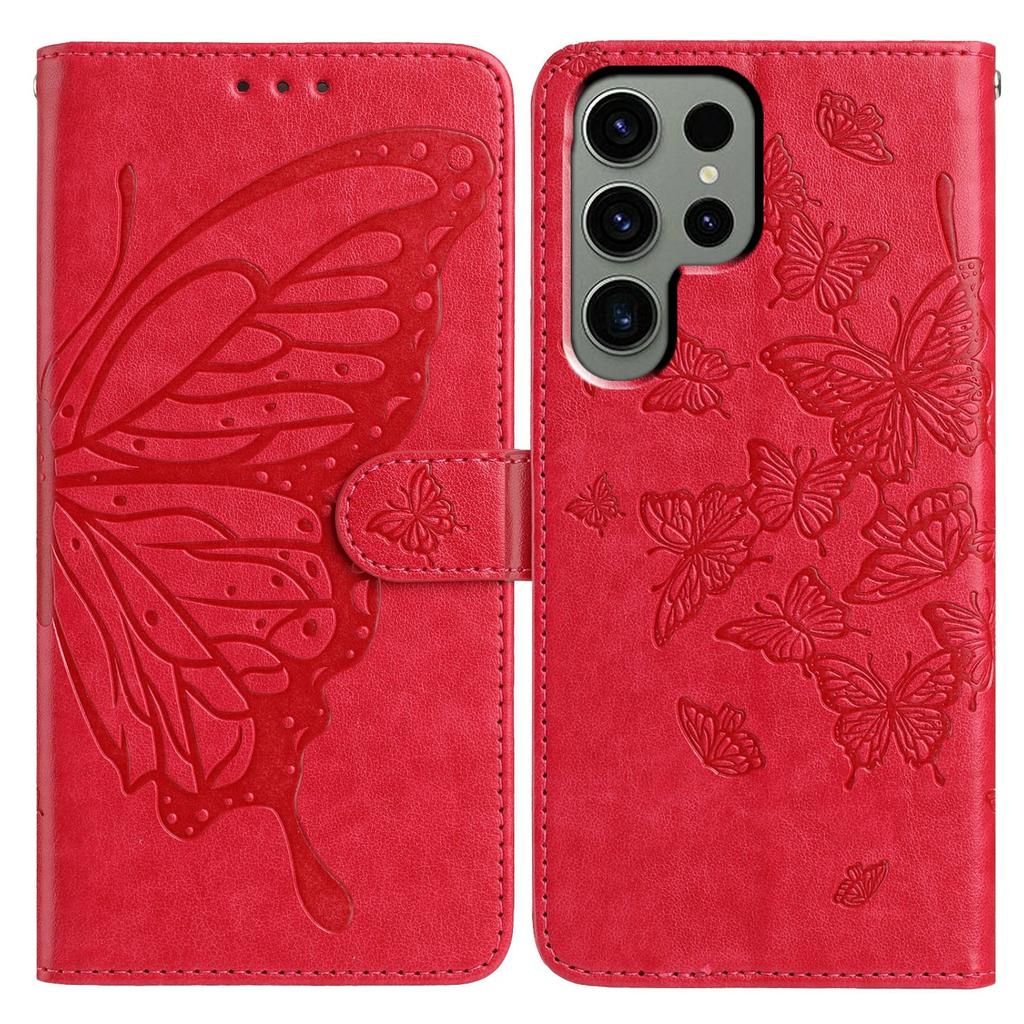 For Samsung Galaxy S24 Ultra Case Butterfly Imprinted Wallet Stand PU Leather Flip Phone Cover with Strap