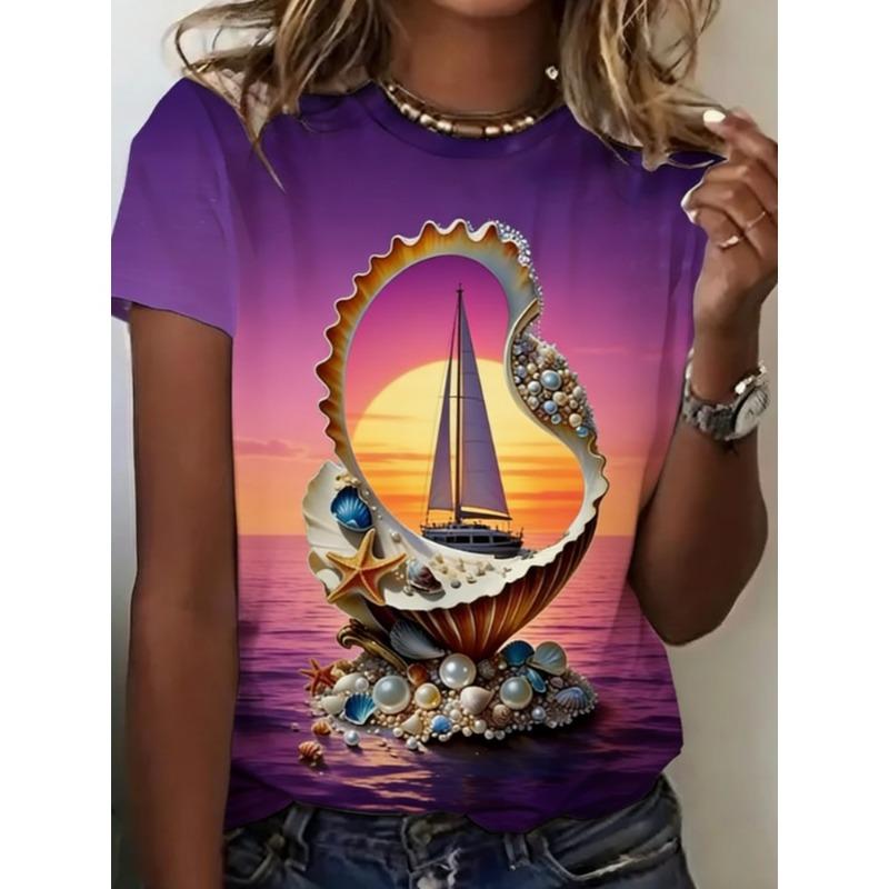 Fashionable Colorful Ocean Theme Print T-shirt Comfortable Loose Creative Women's Short Sleeved T-shirt