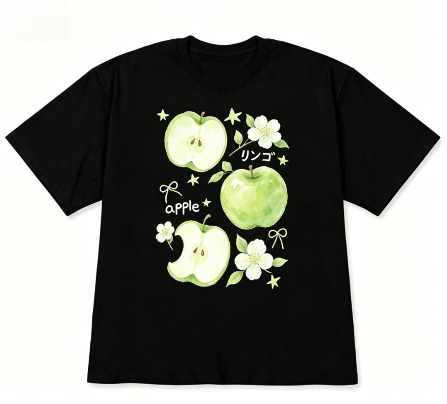 Black Short Sleeve Tshirt Cute Apple Print Crew Neck Tee Kawaii Graphic Casual Streetwear Top Korean Aesthetic Sweet Top Unisex