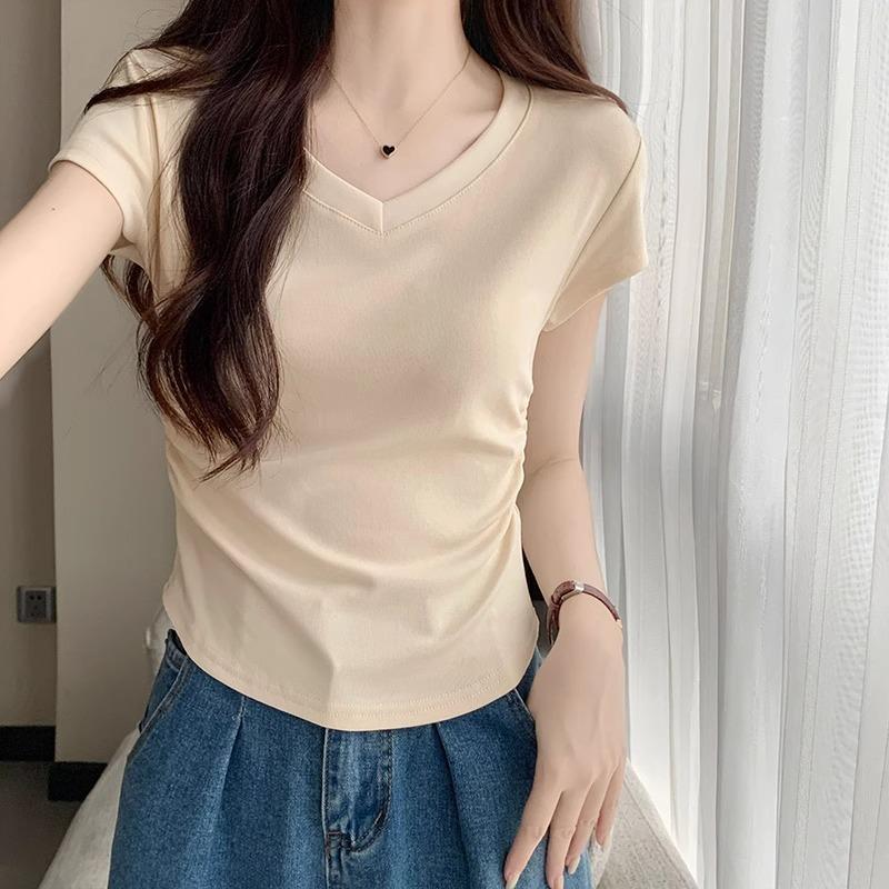 

Футболка светло-розового цвета с короткими рукавами-крылышками, большим V-образным вырезом, открытыми сгибами на ключицах, утягивающим дизайном и короткими рукавами на правом плече для женщин, лето XL