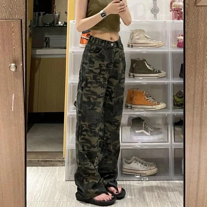 Camouflage Overalls Women's High Waist Autumn Spice Girl American Vintage Casual High Street Wide Leg Jeans
