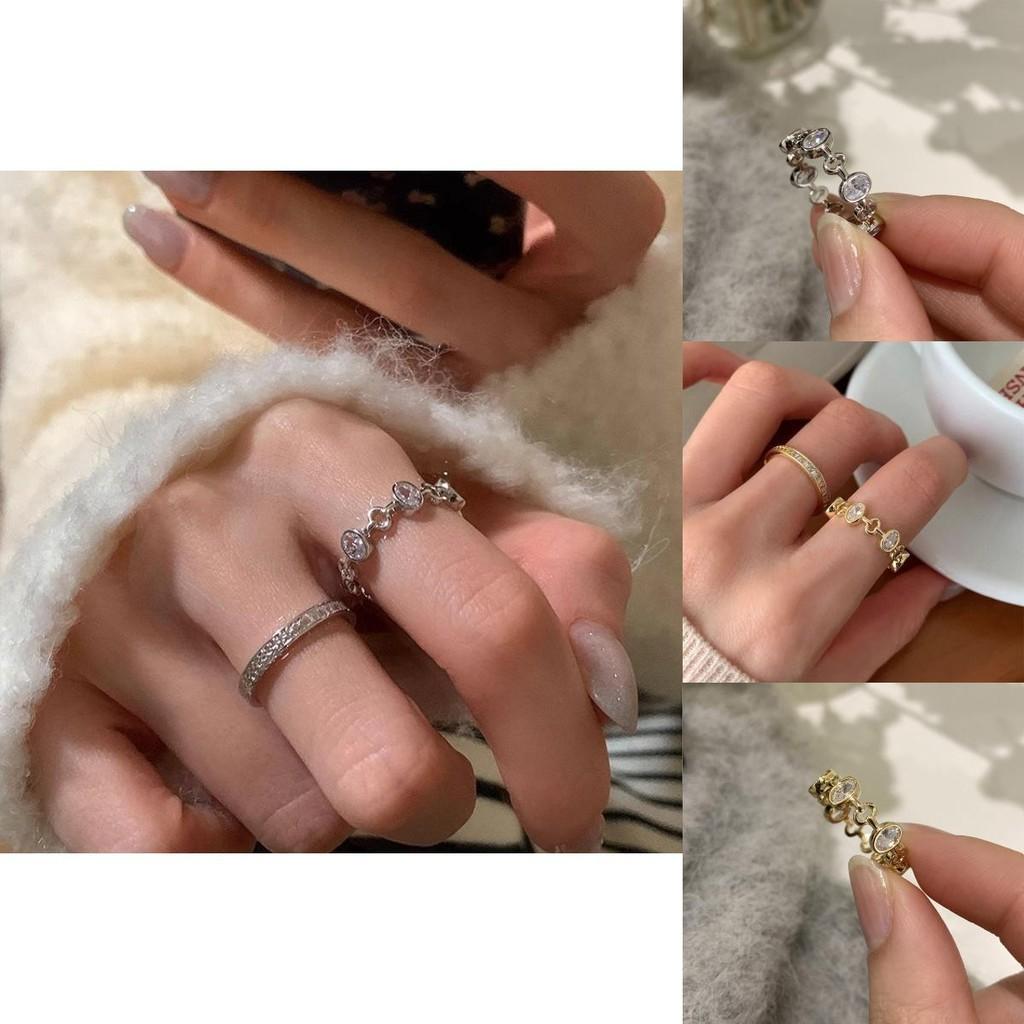 Elegant Korean Style Adjustable Open Ring With Shimmering Zircon Stones For Women