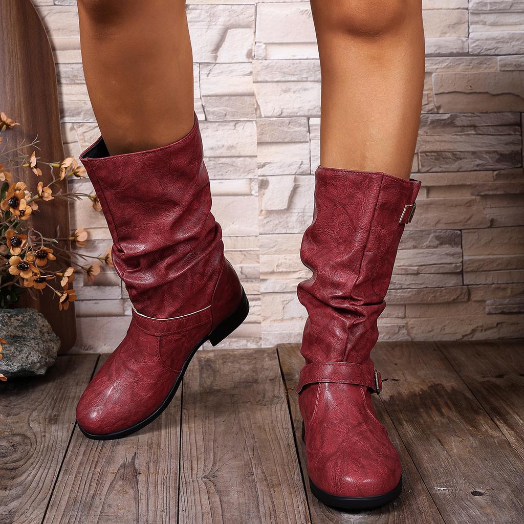 Fashion Women Boots Autumn Winter Ladies Short Boots Belt Buckle Decorated Cowboy Shoes Thick Sole Non-Slip Outdoor Boots Travel