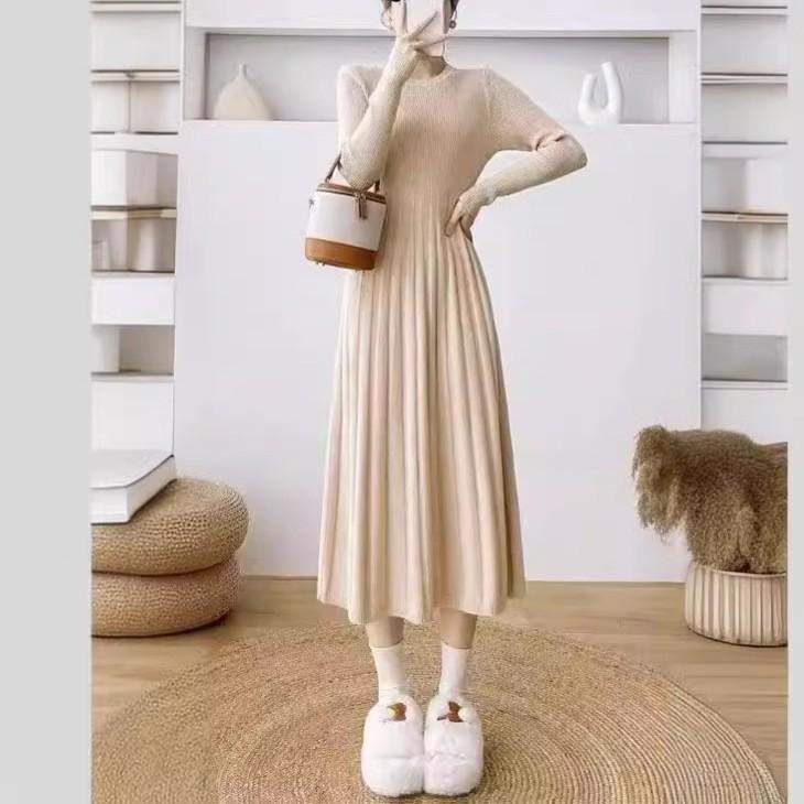 Autumn and winter new casual fashion inner sweater skirt solid color round neck knee long knitted dress women