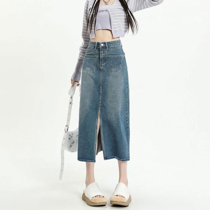 

Весна и лето, винтажная джинсовая юбка, полуюбка, женская юбка трапециевидной формы со свободными карманами и высокой талией, юбка средней длины 2XL синий