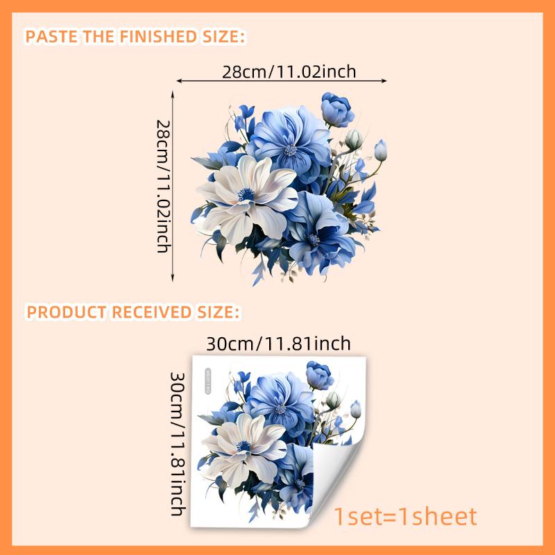 Blue White Floral Toilet Sticker Waterproof Self Adhesive Vivid Print Perfect For Bathroom Home Decor
