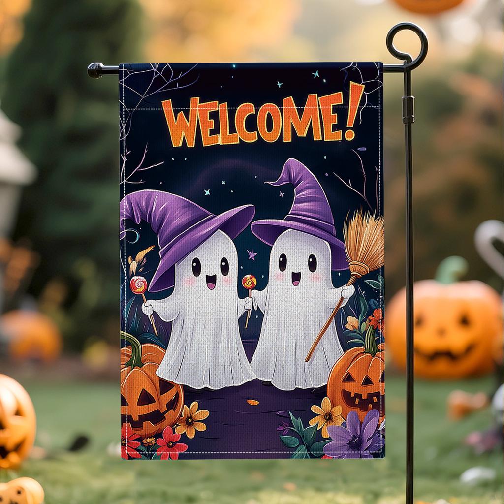 Halloween Garden Flag Pumpkin Ghost Witch Halloween Flags Double Sided Faux Linen Funny Yard Decoration for Outdoor Welcome