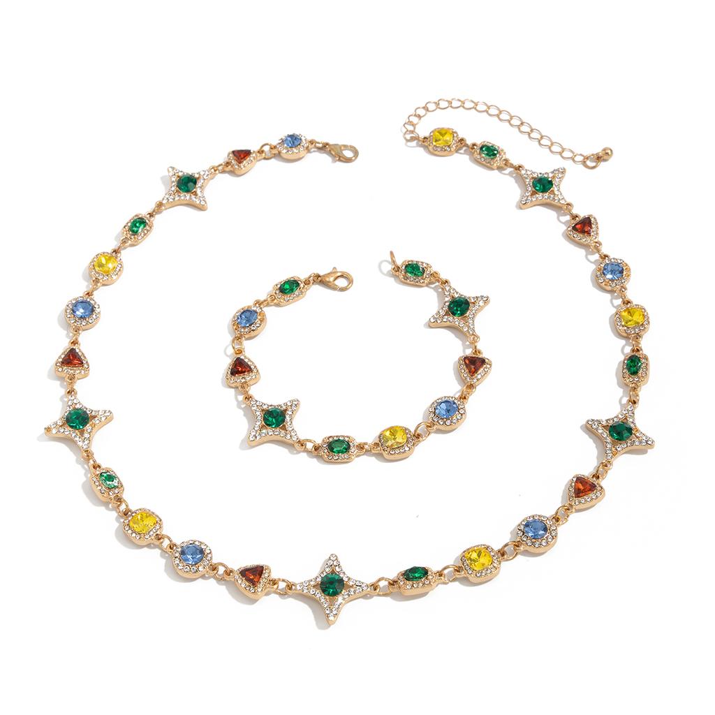 Salircon Trendy Luxury Colorful Crystal Chain Necklace Bracelet Set Men Hip Hop Clavicle Chain Trend Jewelry Male Birthday Gift