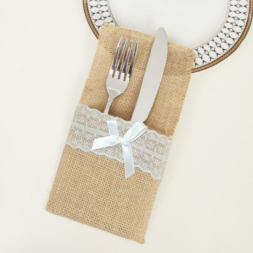 Lace Trim Tableware Storage Bag Linen Fabric Table Decoration Accessories  For Table Decorations
