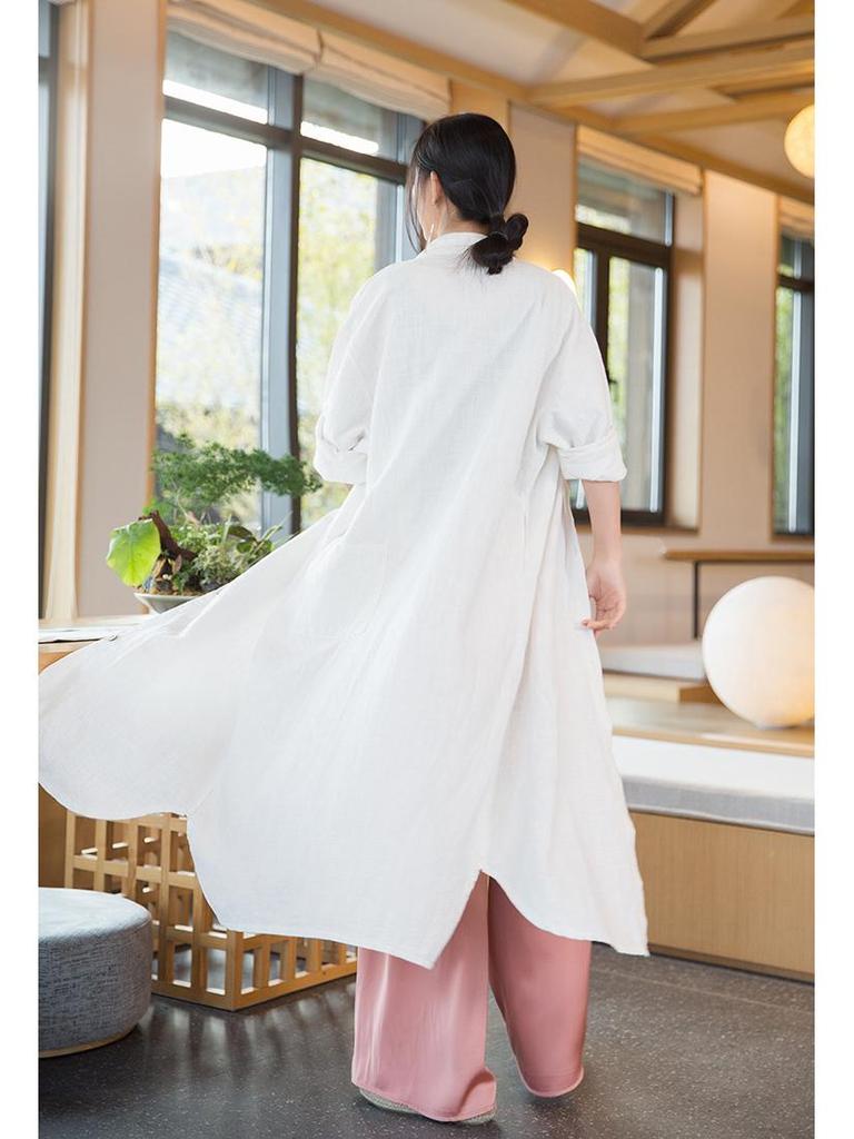 Women's Distressed Ramie Trench Coat: Casual, Slimming, and Elegant Long Cardigan
