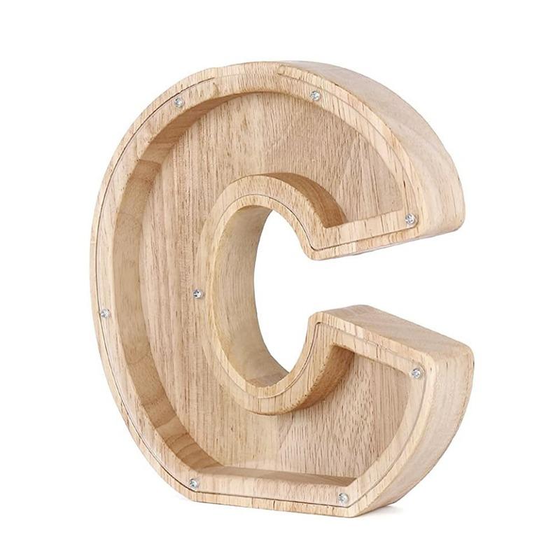 18cm Twenty-six Letter Piggy Bank Wooden Coin Money Saving Box Jar Coins Storage Box Desktop Ornament Home Decor Craft Xmas Gift